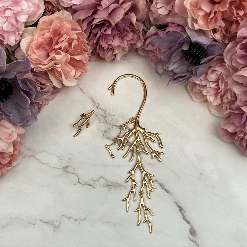 Boho Punk Asymmetric Long Dangling Gold Branch Cuff Earring - Picture 8 of 14